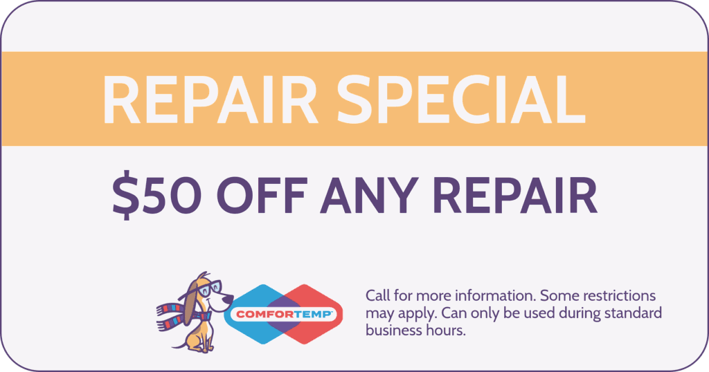 Summer Special. $50 Off Any Repair. Coupon. Special. Transparent. ComforTemp Heating & Air Conditioning.