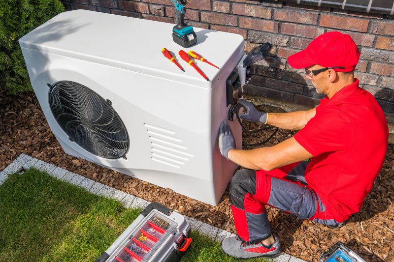 Image of a technician working with heat pump. 4 Factors to Consider When Buying a Heat Pump.